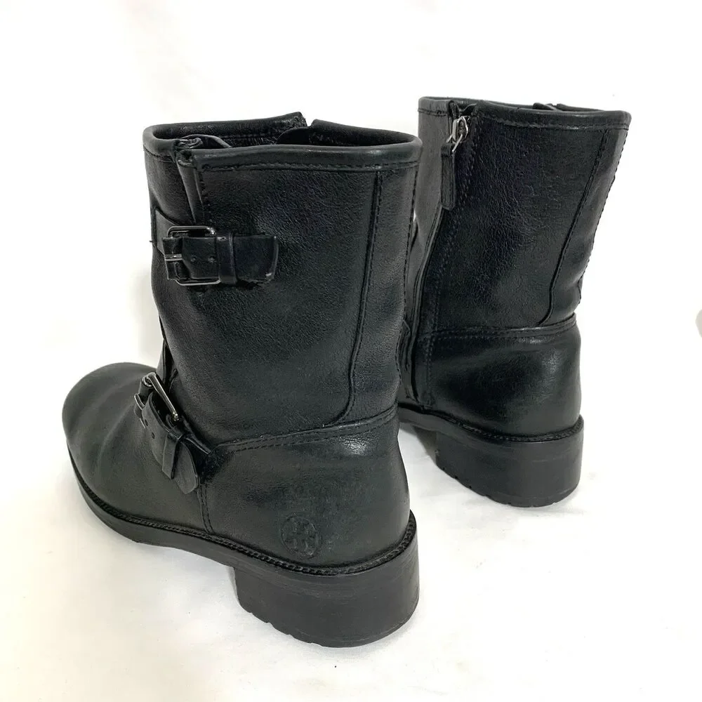 TORY BURCH LEATHER ANKLE BOOTIES BLACK ZIP-UP STRAP BUCKLE BOOTS SIZE 8.5